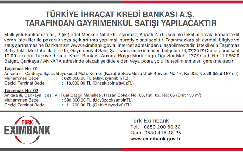 Türkiye İhracat Kredi Bankası A.Ş. Tarafından Gayrimenkul Satışı Yapılacaktır